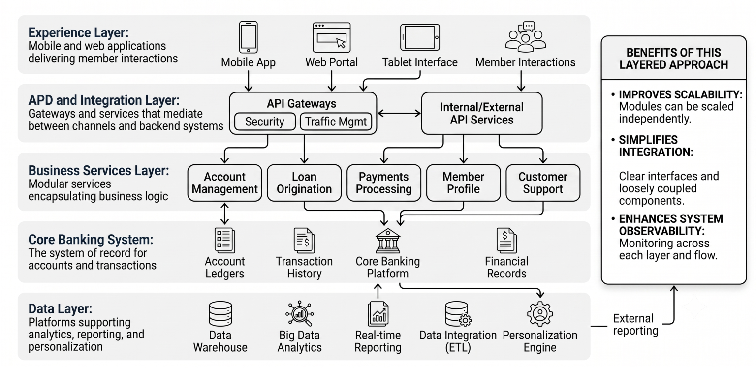 This layered approach improves scalability, simplifies integration, and enhances system observability.